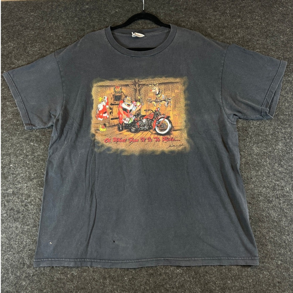 Vintage 90s Kris Kringles Custom Choppers Santa Motorcycle T-Shirt Black Large